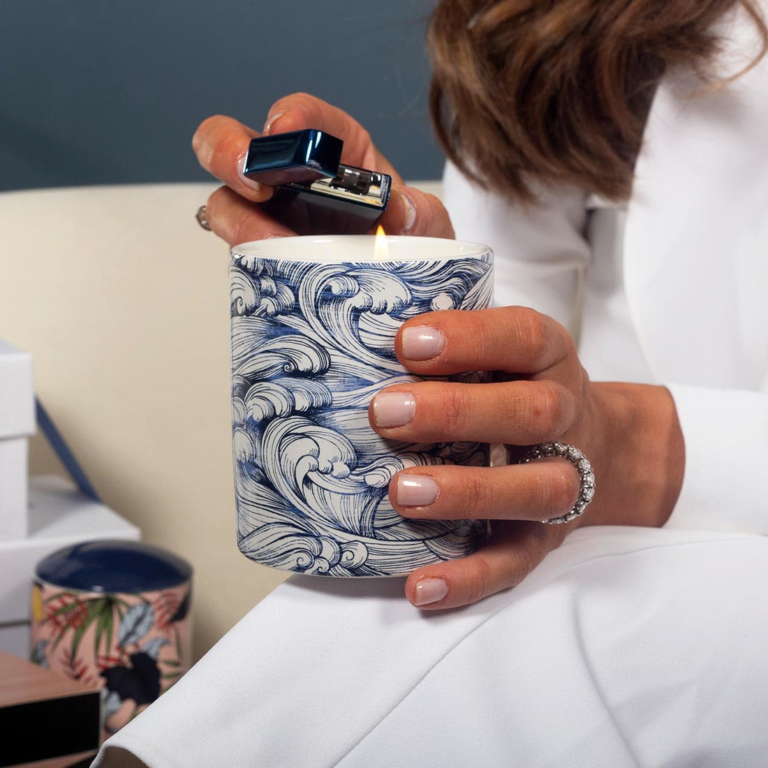 Patterned Candle Gift Box in Blue Wave